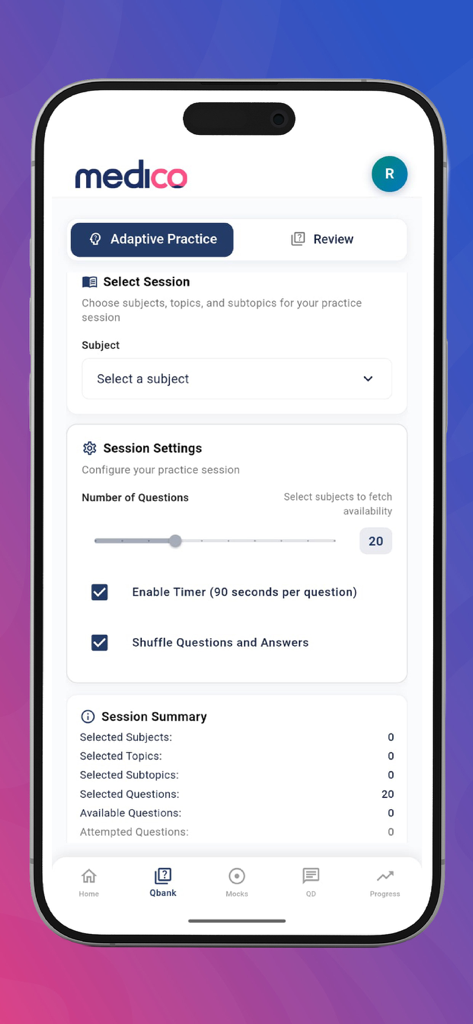 Medico: NEET-PG & INI-CET Prep - Medico app interface for customizing medical study sessions