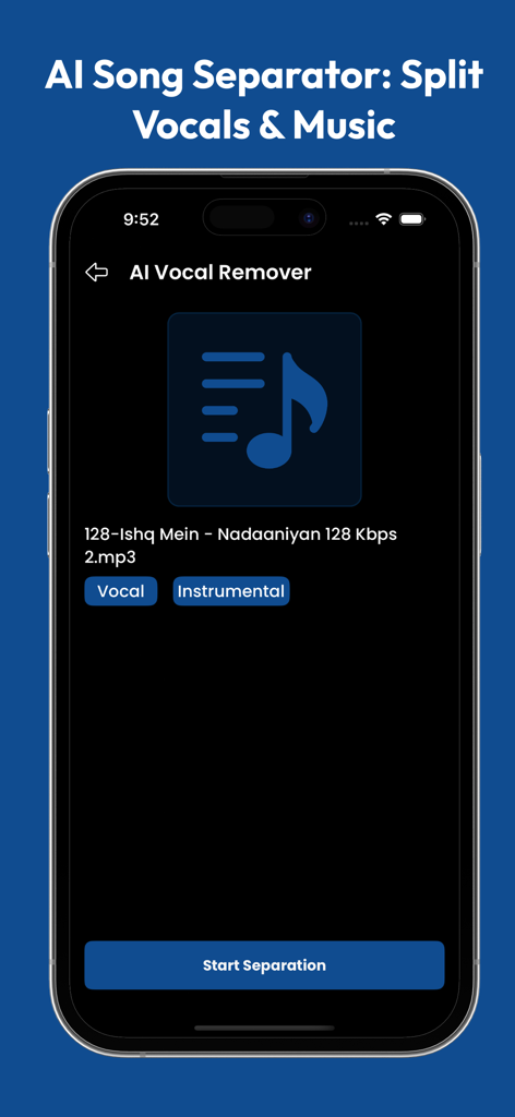 Vocal Remover & Karaoke Maker - Smartphone screen displaying an AI vocal remover app with options to separate vocals and instrumentals from a track