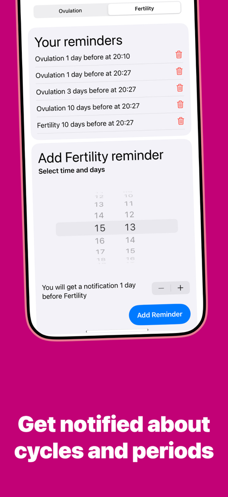 Interfaz que muestra cómo agregar y administrar recordatorios de ovulación y fertilidad en la aplicación de rastreo de período.