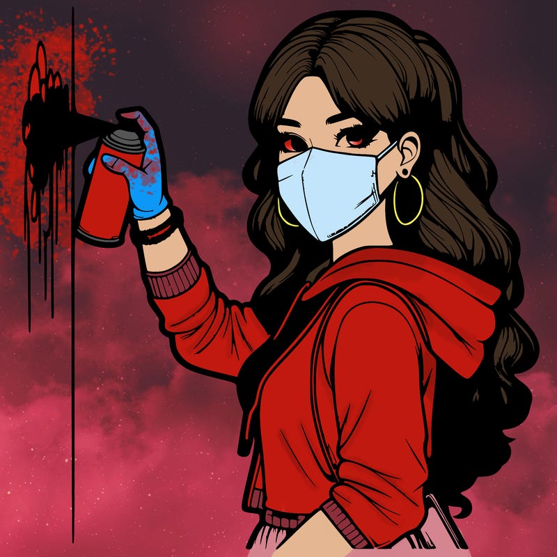 realistic girl with mask spray painting a wall