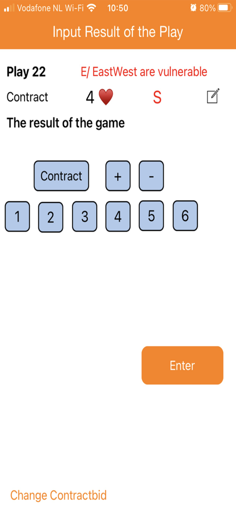 BridgeDrive 앱 화면으로, 플레이 결과 및 브리지 점수 입력용.