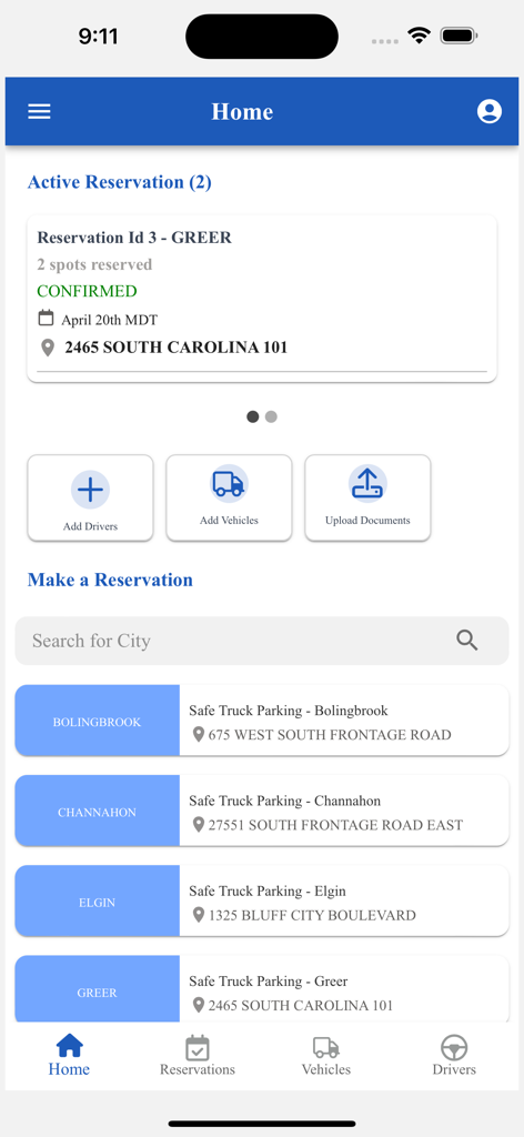Safe Truck Parking - Safe Truck Parking mobile app home screen showing active reservations and menu options