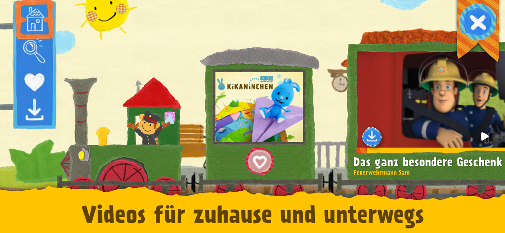 Child-friendly video interface in the Kikaninchen app featuring a paper-style train with cartoon episodes.