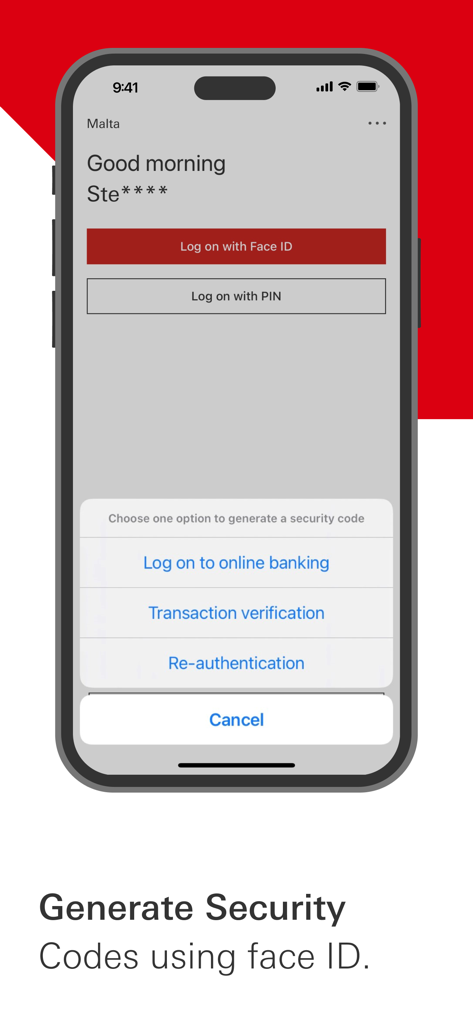 Interface de l'application HSBC Malte pour générer des codes de sécurité à l'aide de Face ID.