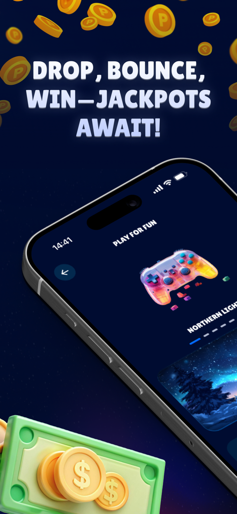 Plinko Real Casino Game - Smartphone displaying the Plinko Real Casino Game with gold coins and dollar signs