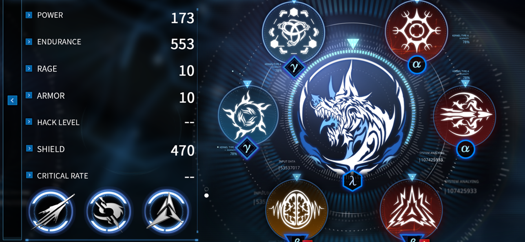 Implosion - Never Lose Hope - ARK Kernel system upgrade interface in Implosion Never Lose Hope showing character stats and skill modules