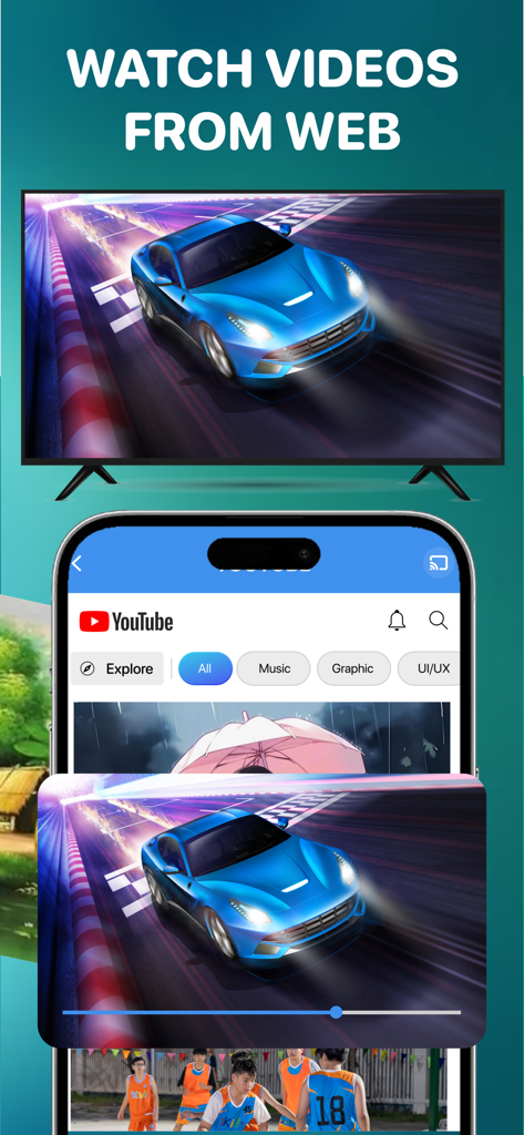 AllShare Cast ㅤ - An iPhone using AllShare Cast to mirror a YouTube video of a blue racing car onto a smart TV screen.