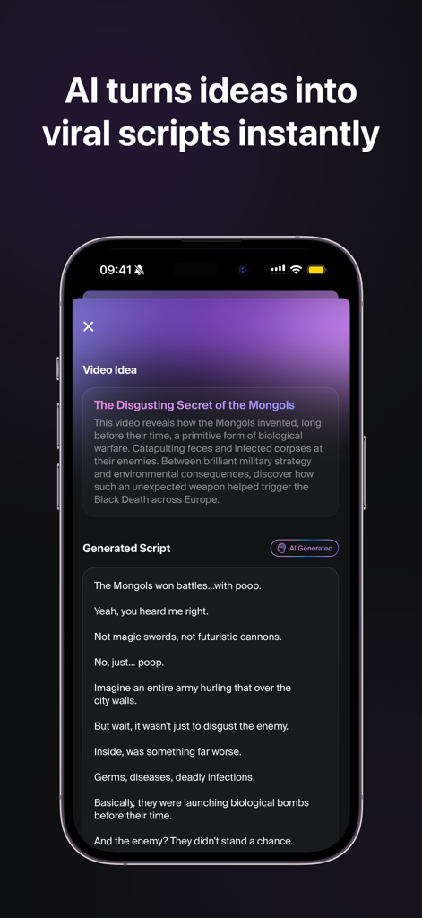 Blow Up: Go Viral With AI - Interface mobile de l'application Blow Up montrant un script vidéo généré par IA basé sur une idée virale concernant les Mongols
