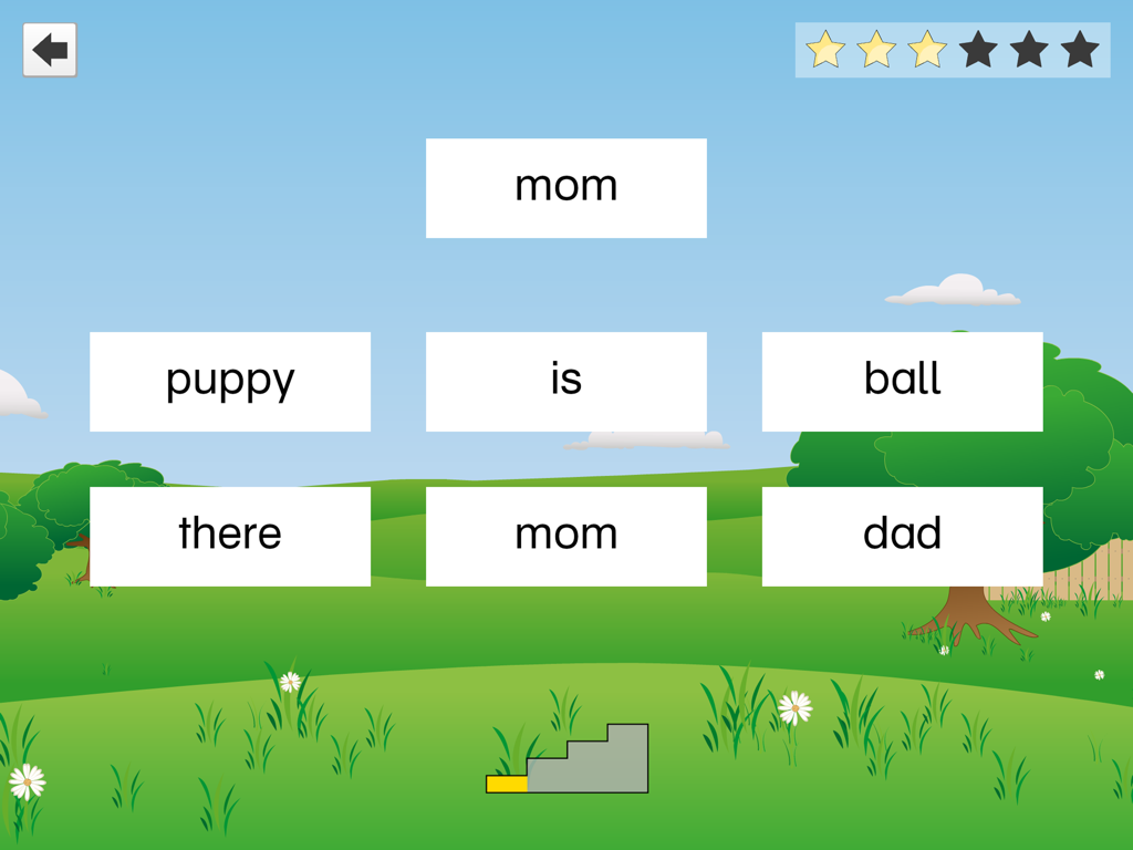 FlashWords AAC - FlashWords AAC interface showing a word matching game with basic words like mom puppy and ball on a simple landscape background