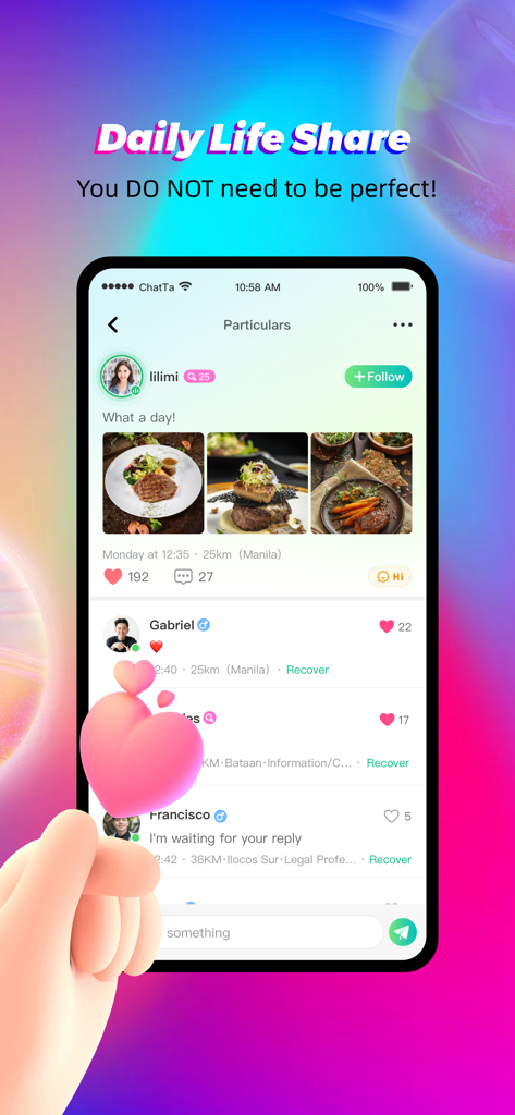 Chatta app screen showing daily life share feature with photos and user comments.
