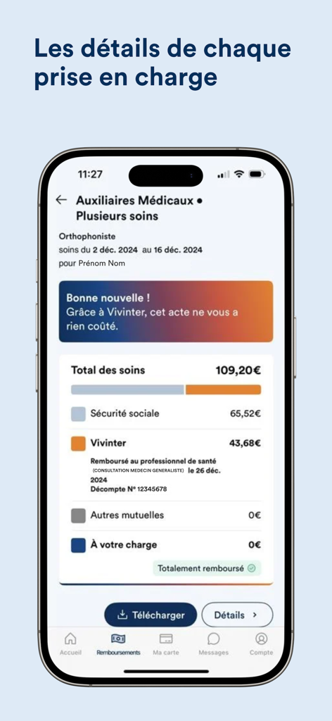 Capture d'écran de l'application Vivinter affichant une ventilation détaillée d'un remboursement de soins de santé montrant un coût nul à la charge du patient.