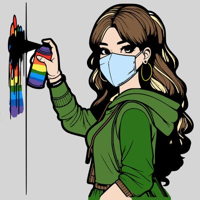 realistic girl with mask spray painting a wall