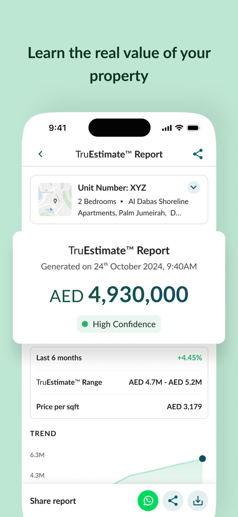 A property valuation report from the Bayut app showing market price and trends for a Dubai apartment