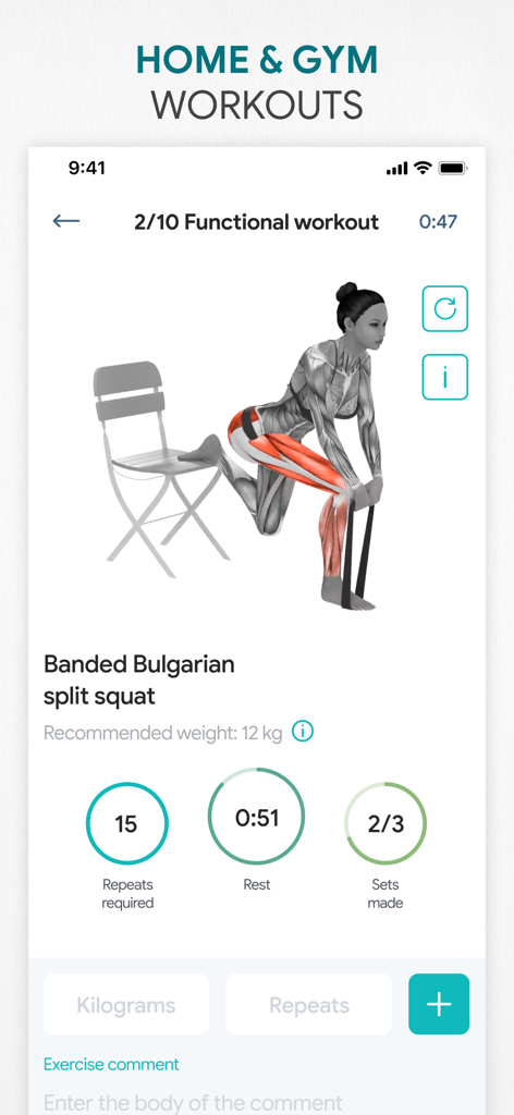 A 3D animation of a woman performing a banded Bulgarian split squat in the Fitness App.