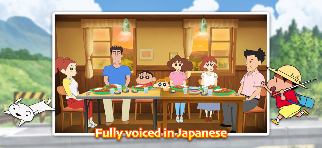 Shin chan: Summer Vacation - Shin-chan and his family sitting around a table for dinner in a cozy hand-drawn anime style
