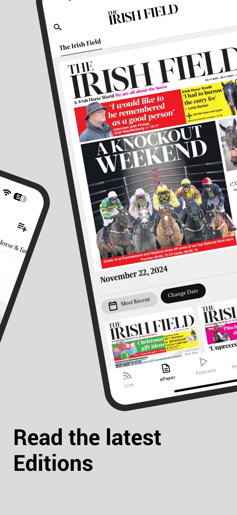 Tela de smartphone mostrando as últimas edições digitais do jornal The Irish Field