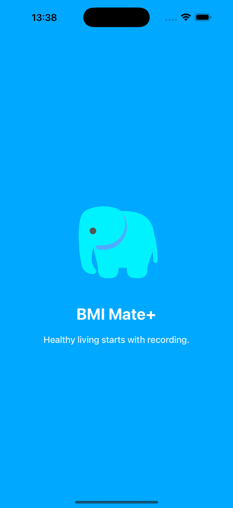 Splash screen for BMI Mate plus app with blue elephant icon and health tagline
