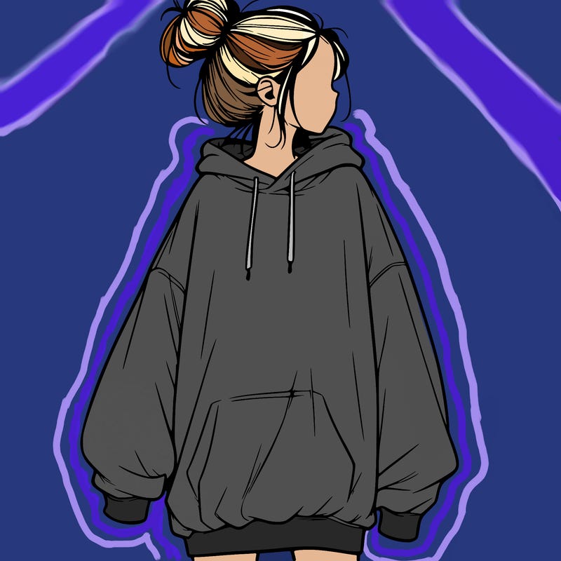 realistic girl with a oversized sweatshirt on and a bun