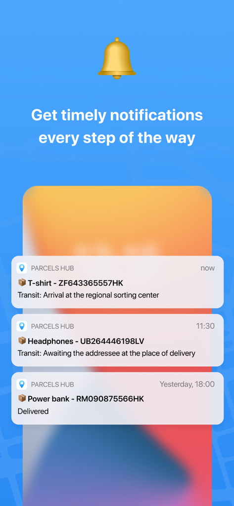 Package tracker: Parcels Hub - Smartphone screen displaying real-time package delivery status notifications from Parcels Hub
