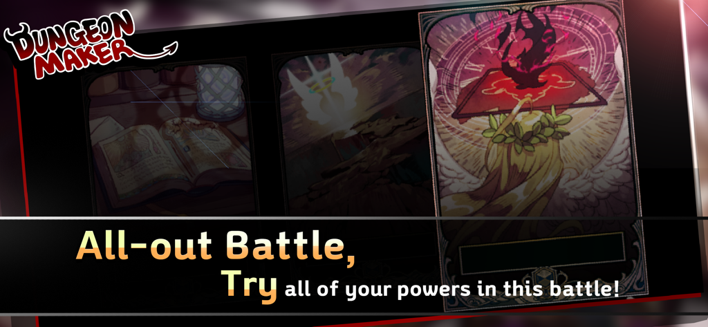 Dungeon Maker Dark Lord game screen displaying battle fate cards and strategic gameplay options