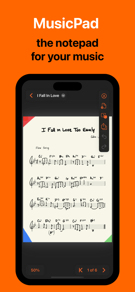 MusicPad - Aplicación MusicPad en un iPhone que muestra una partitura musical escrita a mano y herramientas de composición