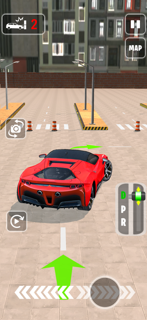 Offroad Jeep Drive : 4x4 Games - Coche deportivo rojo navegando un desafío de estacionamiento en un juego de simulación de conducción.