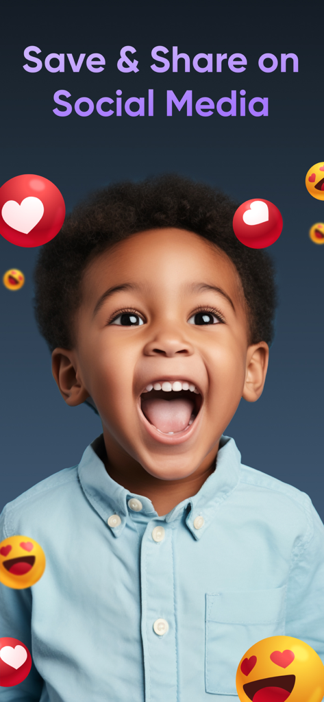 A laughing young child surrounded by heart and emoji icons with text that says Save and Share on Social Media