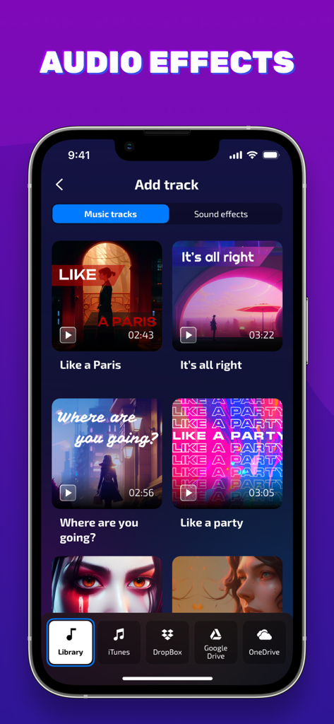 Voice Tuner app screen showing a library of music tracks and sound effects with options to import from iTunes and cloud storage