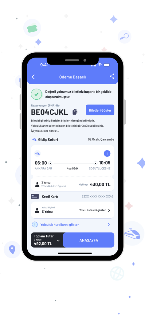 Payment successful screen in the E-Bilet app for a train journey from Ankara to Istanbul