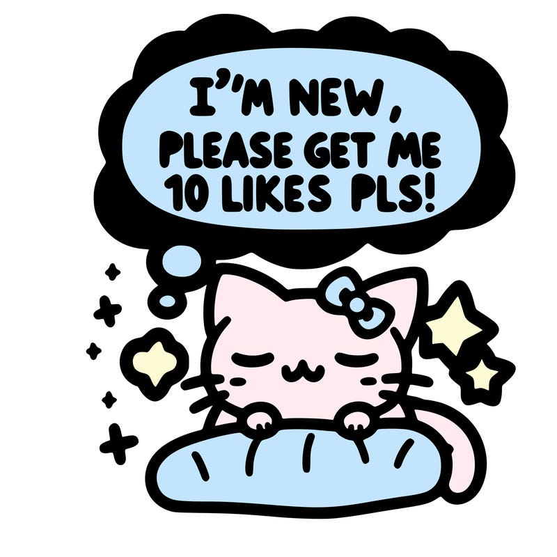 kitty taking a nap dream talking and saying "i'm new, please get me at least 10 likes pls!!"