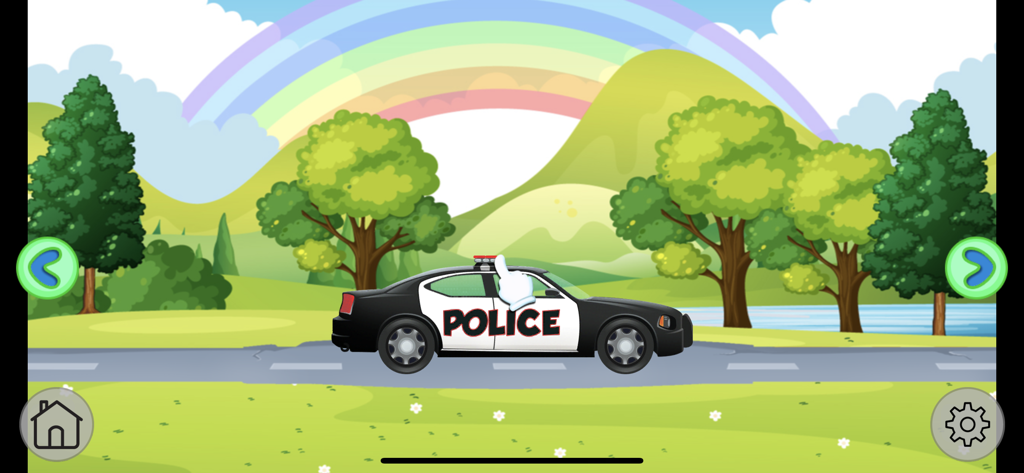Car Wash Learning Unlocked - Um carro de polícia de desenho animado em uma estrada com um arco-íris e colinas ao fundo