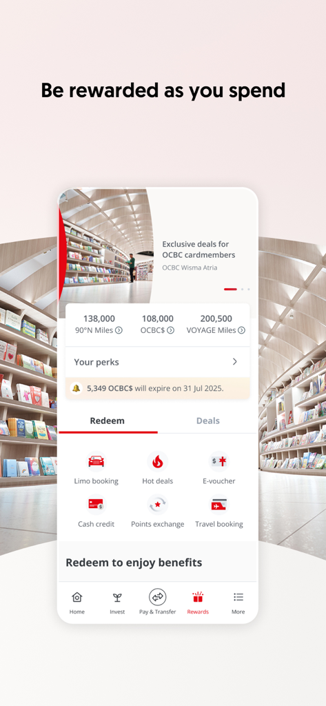 OCBC Singapore - OCBC Singapore app rewards screen showing loyalty points balance and redemption options for travel and vouchers.