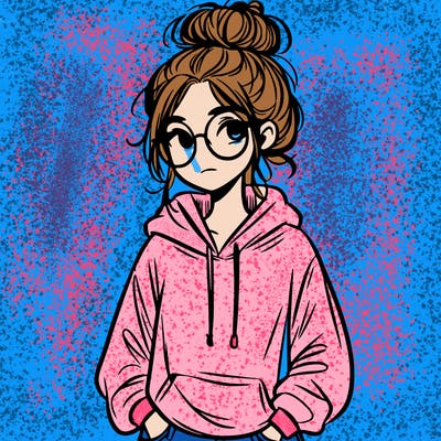 teen girl with a messy bun and glasses wearing a loose hoodie and jeans