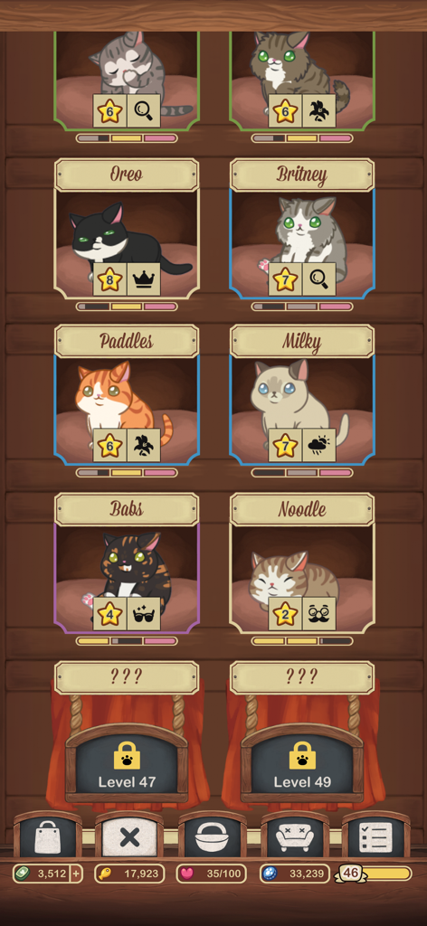 Furistas Cat Cafe - A screen showing a collection of adopted cats with names and levels in Furistas Cat Cafe