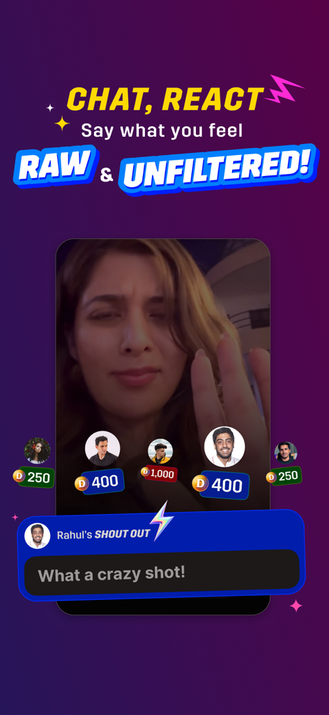 Dream11: Sports Watch Along - Pantalla de transmisión de deportes en vivo de Dream11 con video del creador y mensaje de mención del usuario.