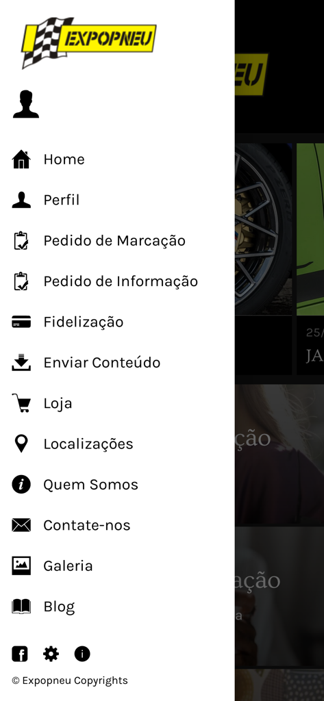 Expopneu - Side navigation menu of the Expopneu mobile app showing options for appointments, loyalty program, and online store.