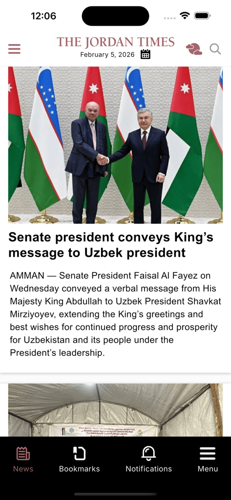 The Jordan Times - Screenshot of The Jordan Times mobile app displaying a political news article with a photo of international leaders shaking hands.