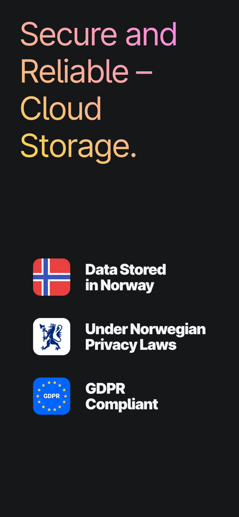 Jottacloud - Jottacloud app screen highlighting secure cloud storage with data stored in Norway and GDPR compliance