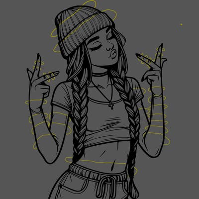 realistic teenage girl with braids and a beanie and crop top doing 🫶🏼
