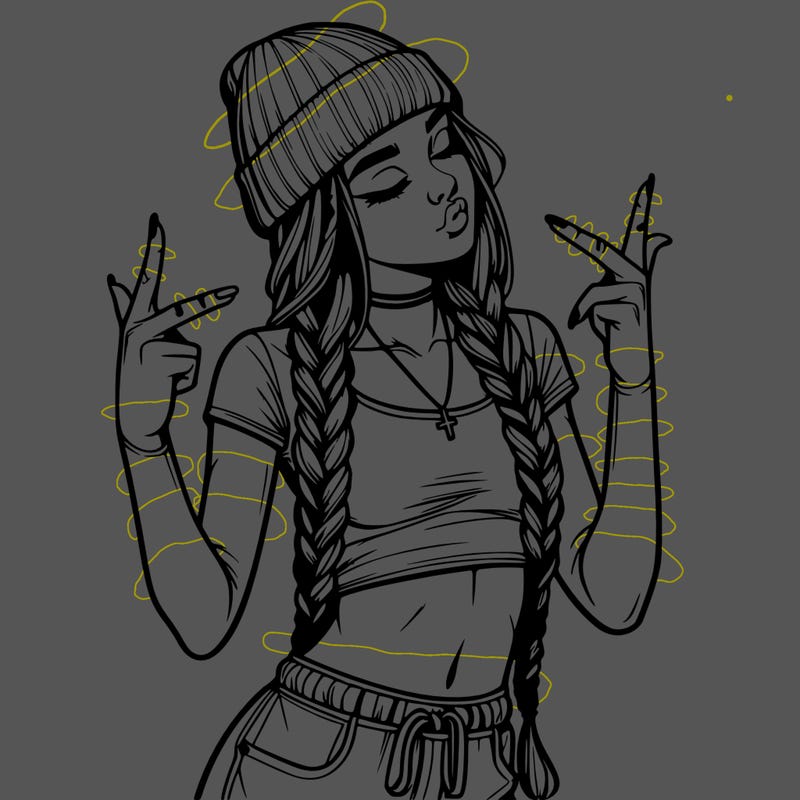 realistic teenage girl with braids and a beanie and crop top doing 🫶🏼