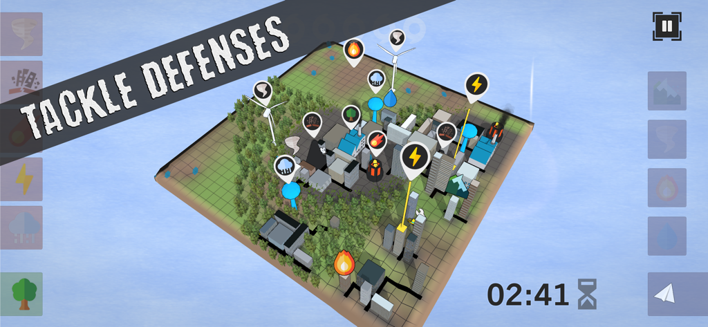 Unnatural Disaster - Top down strategy view of a city being attacked by nature with the text Tackle Defenses