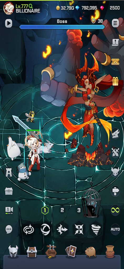 Blade Idle - A hero and her pets battling a giant fire boss in the Blade Idle mobile game