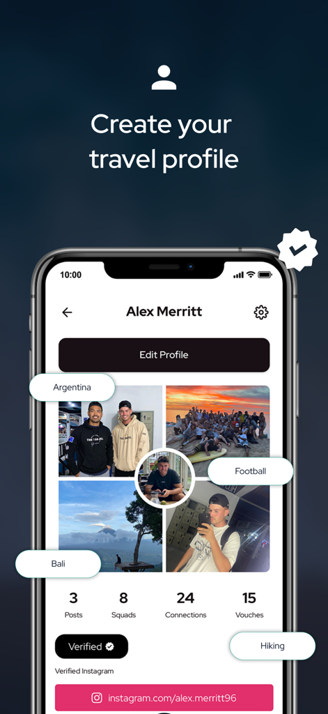 Travel Squad mobile app profile page for a travel partner