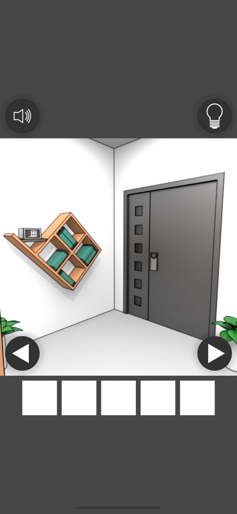 Computer Office Escape - A minimalist office scene with a grey door and a tilted wooden bookshelf containing green books in the game Computer Office Escape.