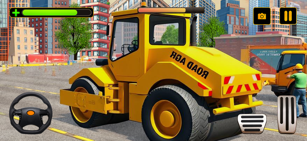 Excavator Simulator Truck Game - Yellow road roller driving through a city construction site in a simulation game