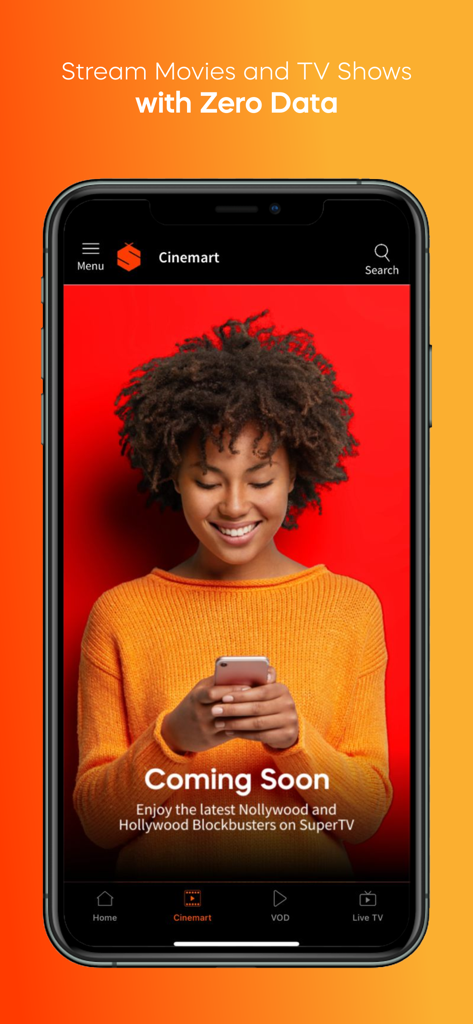 SuperTV for MTN - Pantalla de la aplicación SuperTV para MTN que muestra la sección Cinemart con próximos éxitos de Nollywood y Hollywood y un mensaje de transmisión con cero datos.