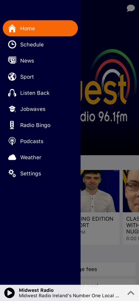 Midwest Radio - A screenshot of the Midwest Radio app side menu showing navigation options like News, Sport, and Podcasts