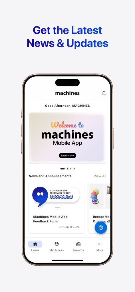 Machines Mobile App - Pantalla de inicio de la App Móvil Machines mostrando noticias y anuncios