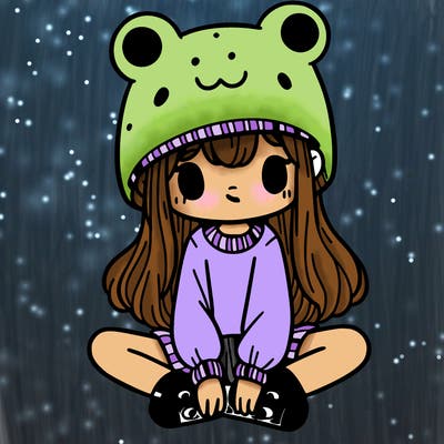 a girl wearing a frog hat and some frog socks