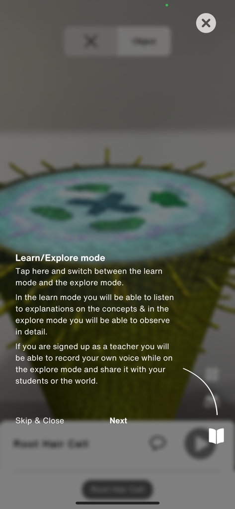 Hologo - Hologo app tutorial screen explaining the Learn and Explore modes for interactive AR education models.